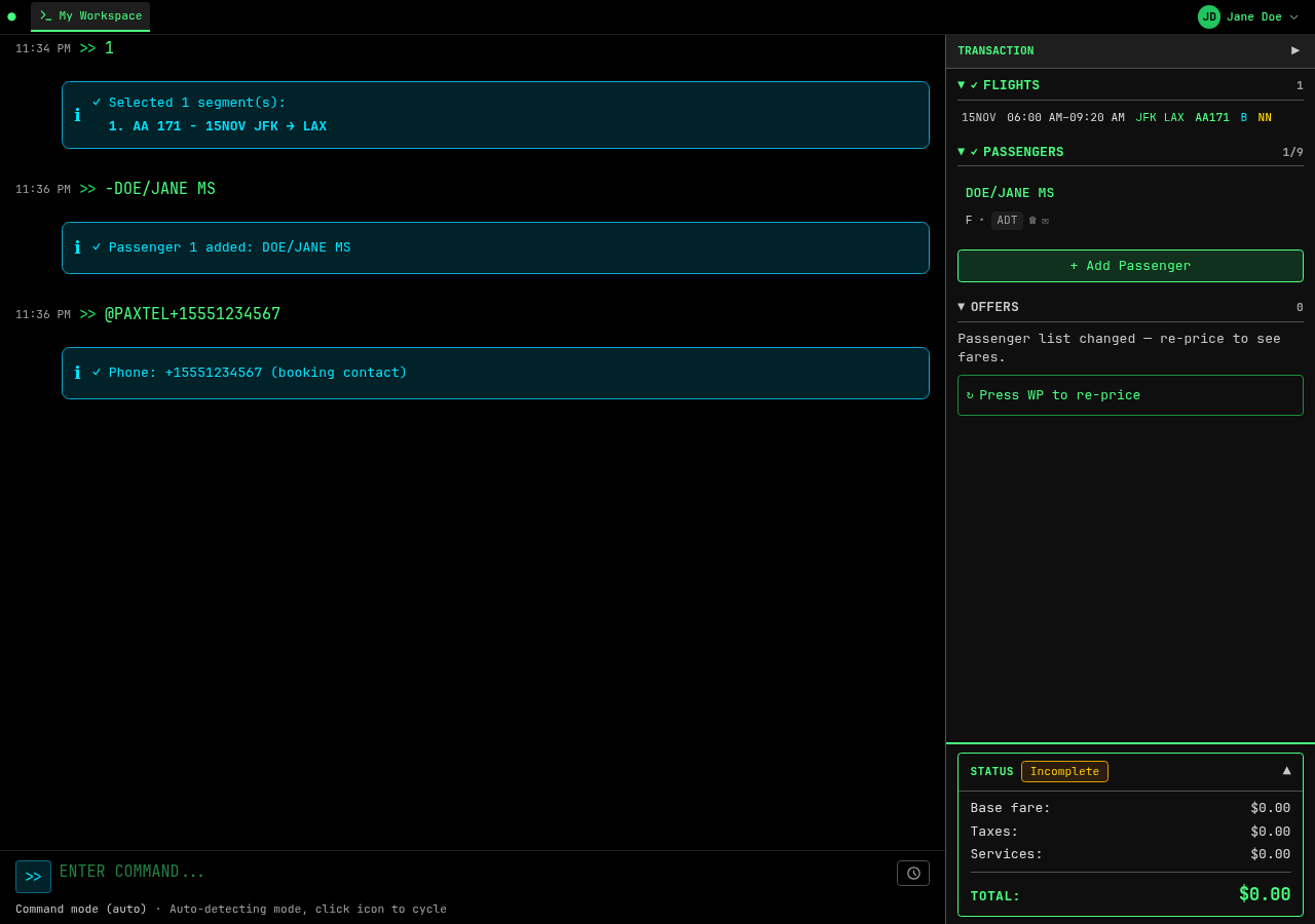 NDCTerm workspace with the command line, flight results in the response area, and the transaction sidebar tracking segments, a passenger, and the running total