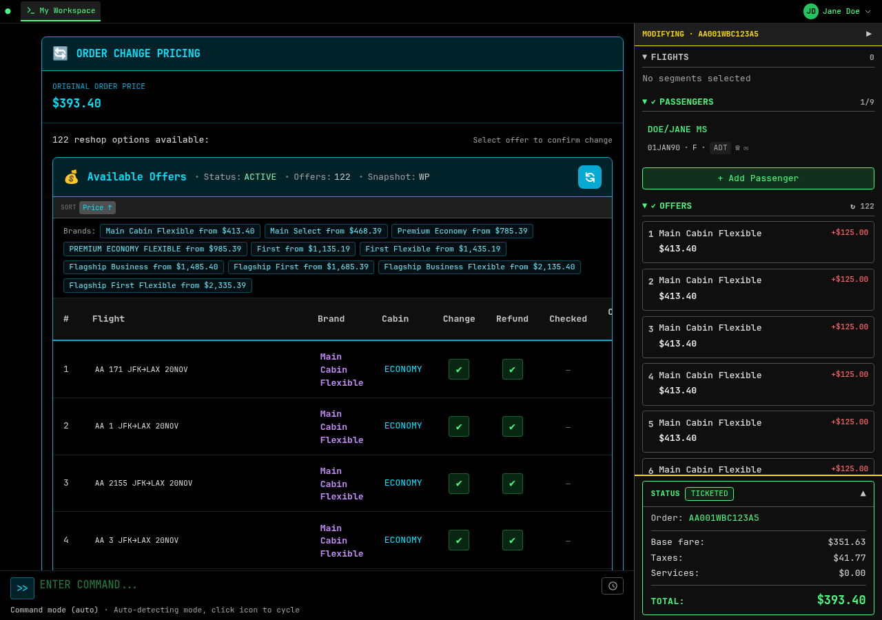 Exchange offers after deleting a segment and searching a new date, each row showing the carrier's real add-collect differential for the reissue