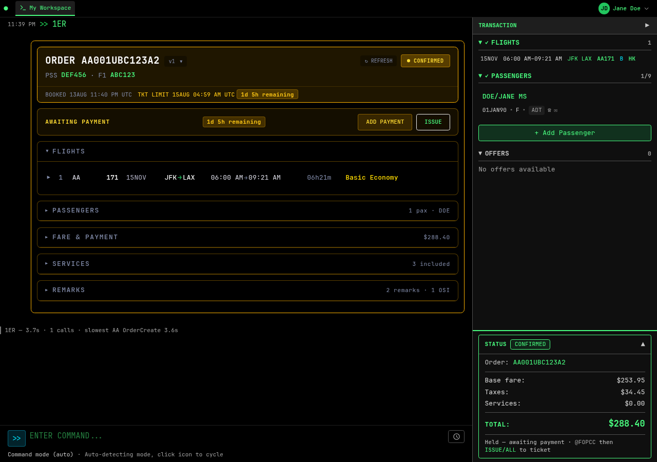 Confirmed order card after 1ER showing the order ID, airline booking reference, itinerary, and passenger for a held booking
