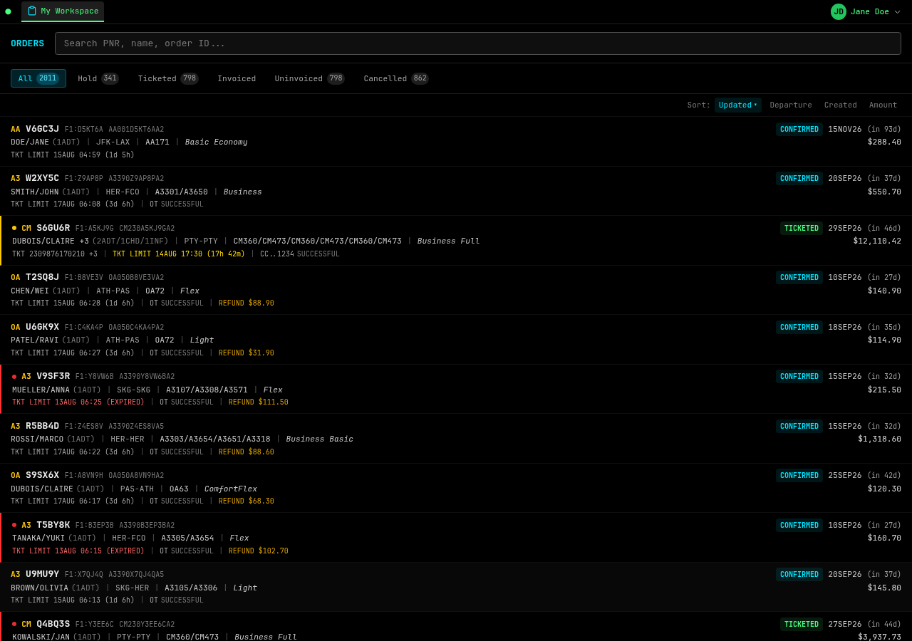 The orders panel opened with *L, listing orders across carriers with status, passenger, and date filters inside the panel