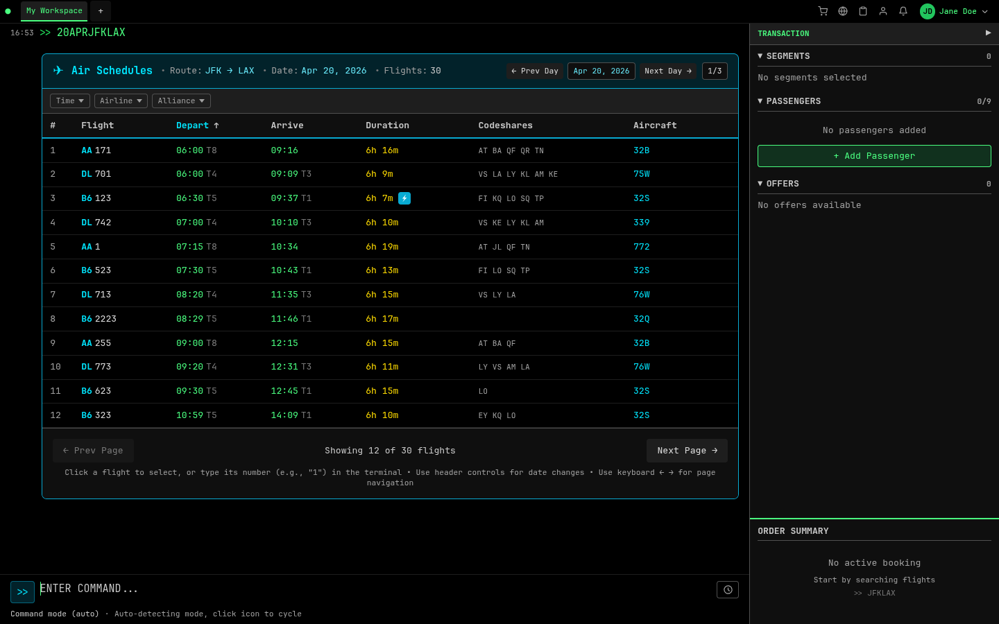 Flight schedule display in NDCTerm